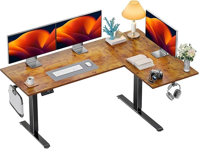 HUANUO Dual Motor 71x48 inch L Shaped Electric Standing Desk with 3 Preset Heights, Electric Height Adjustable Computer Table, 2 Hooks & Cable Tray, Raising Desk for Home Office, Vintage Brown