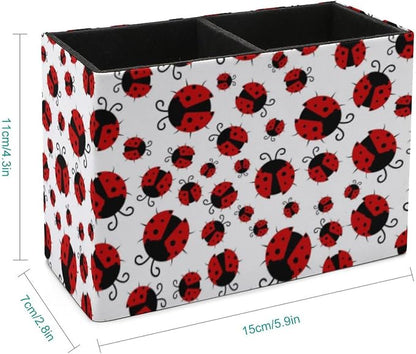 Pen Holder, Pencil Holder for Desk Organizer, Summer Red Ladybugs PU Leather Pencil Cups Desktop Stationery Storage Makeup Brush Holder Pen Organizer for Office Home