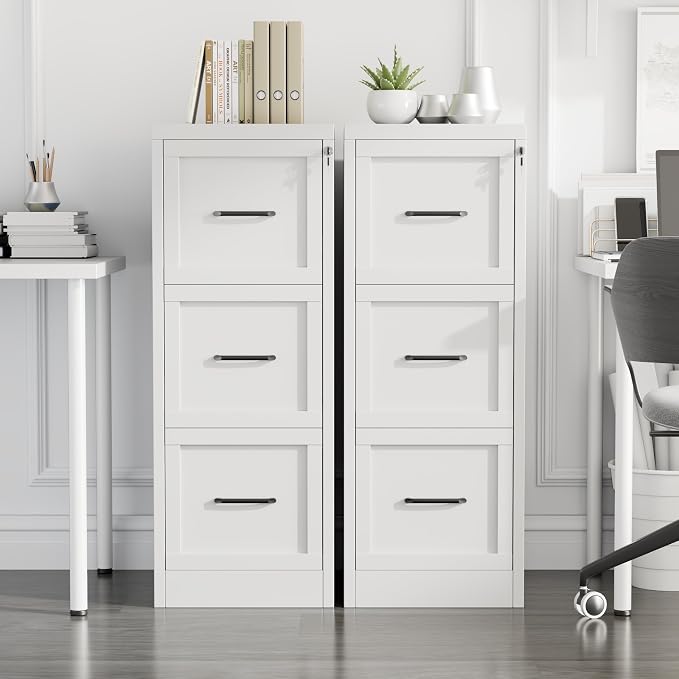 Small Metal 3-Drawer File Cabinet, Under-Desk Filing Cabinet, White | Locking, Adjustable Hanging Rail, Fit A4, FC, Letter, Hanging File Folders for Home Office Storage Organization, 2PS