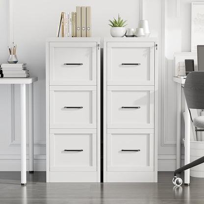 Small Metal 3-Drawer File Cabinet, Under-Desk Filing Cabinet, White | Locking, Adjustable Hanging Rail, Fit A4, FC, Letter, Hanging File Folders for Home Office Storage Organization, 2PS