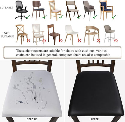 SearchI Waterproof PU Leather Seat Covers for Dining Chairs, 4 Pack Stretch Dining Room Chair Seat Covers, Kitchen Chair Seat Covers Protectors (Black)