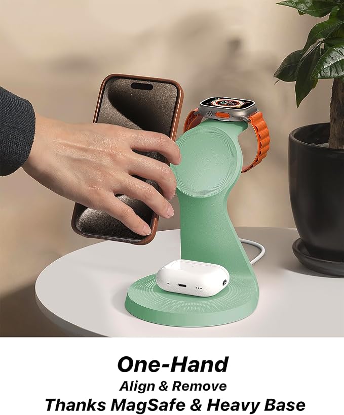 LONGCONN 3 in 1 Wireless Charging Station for Apple Devices with MagSafe | Charging for iPhone 17/Air/16/15/14/13, AirPods, Apple Watch, Weighted Stable Charging Stand, USB-C Adapter Included
