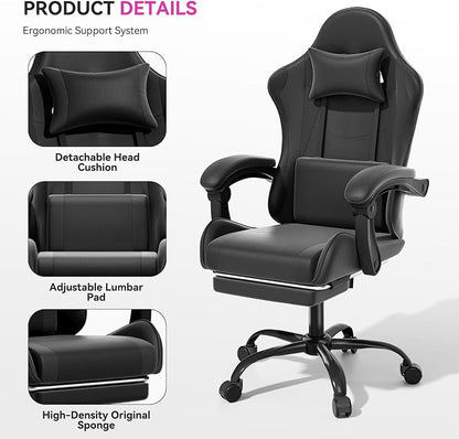 Gaming Chair with Footrest, Ergonomic Computer Gaming Desk Chair with Lumbar Support & Headrest, Adjustable High Back PU Leather Office Chair, Swivel Racing Style Gamer Chair, Black