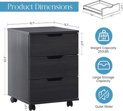 Farini 3-Drawer Under Desk Wooden File Storage Cabinet with Lockable Caster for Home Office,Black,Fully Assembly