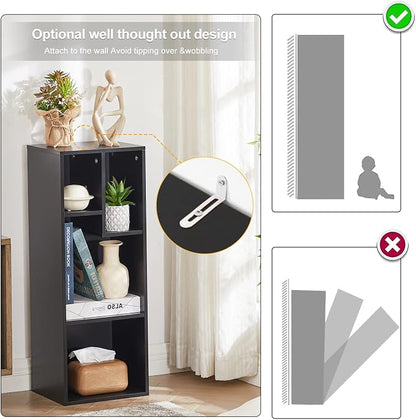 VECELO 3-Tier Small Bookcase, 4 Cube Bookshelf, Fits Tallest Hardwares, Modern Floor Standing Unit, Shelf Hold Up to 66 LBS for Living Room Bedroom, Vintage Black