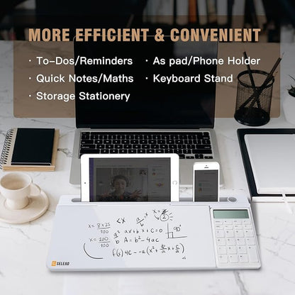 SELEAD Desktop Glass Whiteboard with Calculator & Built-in Mirror, Dry Erase White Board Computer Pad Keyboard Stand with Organizer Drawer, Desk Accessories for Home, School, Office