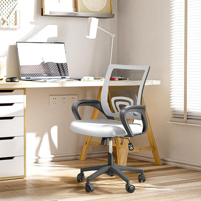 Office Chair, Ergonomic Mid-Back Mesh Desk Chair, White | Lumbar Support, Adjustable Height, Rolling Wheels, Comfy Armrest, For Work, Study, Gaming