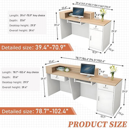 Modern Reception Desk with Drawer & Open Shelves, 39-95 Inch Front Counter Table, Computer Workstation Suitable for Salons, Offices, Lobbies, Retail Stores and Home Offices
