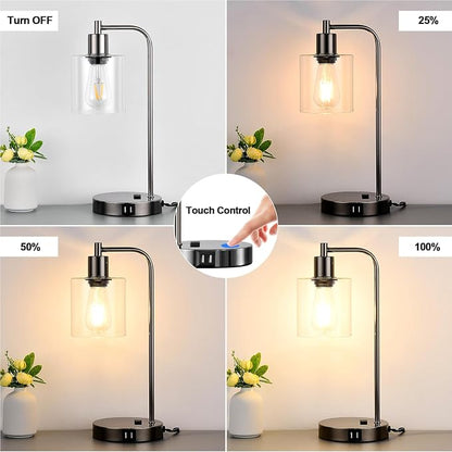 Industrial Touch Control Table Lamps Set of 2 - Black Nickel Bedside Lamps with 2 USB Ports & AC Outlet, 3-Way Dimmable Nightstand Desk Lamp for Bedroom Living Room, Glass Shade & 2 LED Bulbs Included