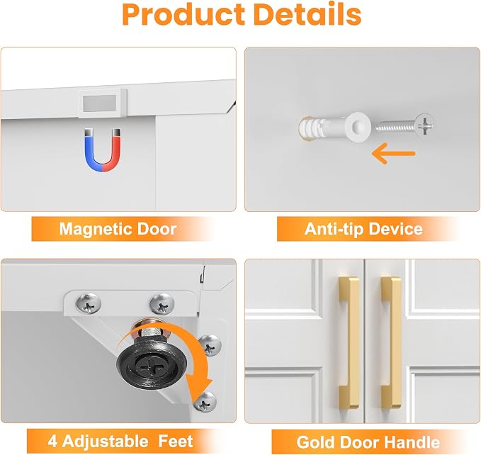 71" Metal Pantry Cabinet,Storage Cabinet with Doors and Shelves | Metal Storage Cabinet,Gold Handles,Adjustable Shelves,Magnetic Doors,Leveling Feet,Anti-tipping,for Kitchen/Garage White