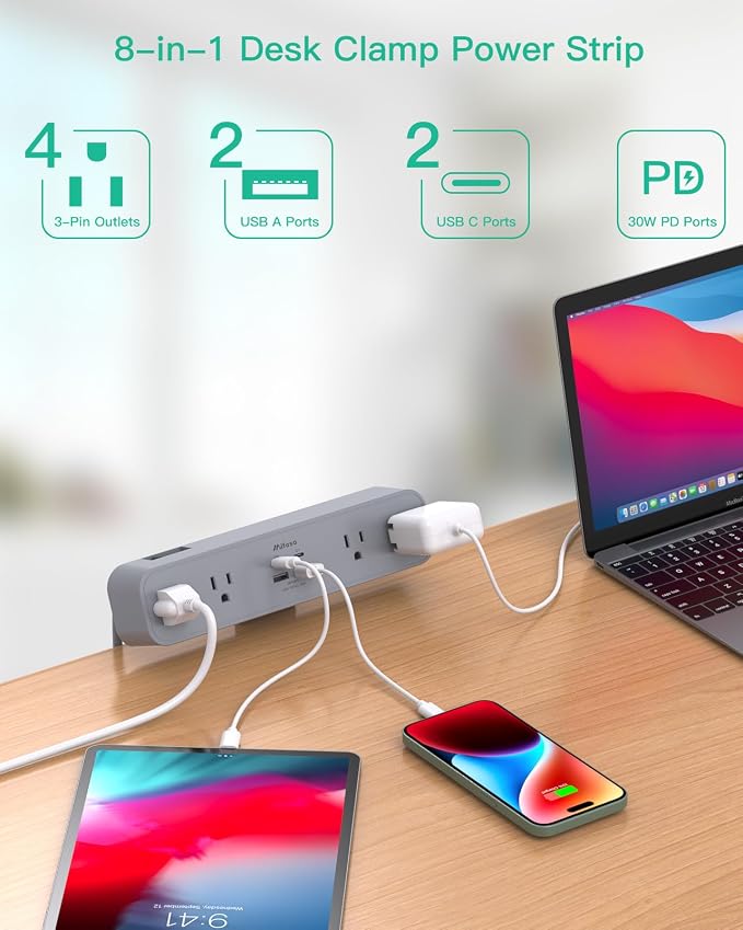 PD30W Desk Clamp Power Strip, Desktop Mount Surge Protector, Fast Charging Station, 5Ft Extension Cord Desk Mount Shelf with 4 Outlets 4 USB Ports (2 USB C), Home Office Accessories Essentials, Gray