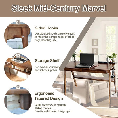 Mid-Century Modern 100% Solid Wood Writing Desk, 39" Rubberwood Home Office Computer Table & Workstation Desk with 2 Drawers, Lower Shelf & Side Hooks, 350 lbs Load, Laptop Desk