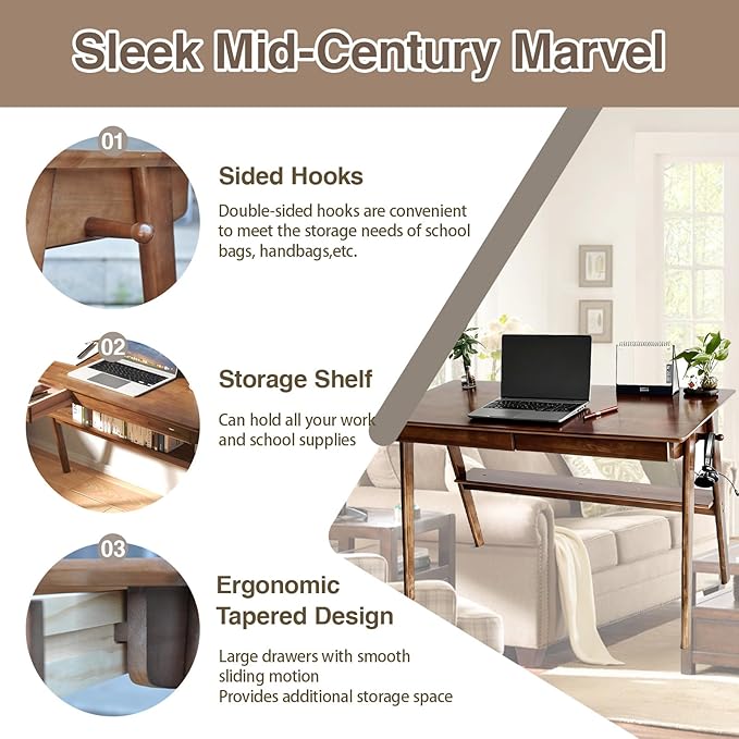 Mid-Century Modern 100% Solid Wood Writing Desk, 47" Rubberwood Home Office Computer Table & Workstation Desk with 2 Drawers, Lower Shelf & Side Hooks, 350 lbs Load, Laptop Desk