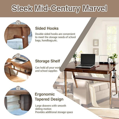 Mid-Century Modern 100% Solid Wood Writing Desk, 47" Rubberwood Home Office Computer Table & Workstation Desk with 2 Drawers, Lower Shelf & Side Hooks, 350 lbs Load, Laptop Desk