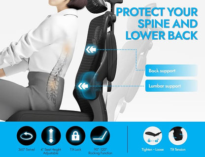 Ergonomic Office Chair - X-Shaped Computer Desk Chair Comfy, Gaming Chair, Office Chair with Lumbar Support, Mesh Office Chairs with Headrests, Desk Chair for Long Hours, Black Silver, Pack of 2