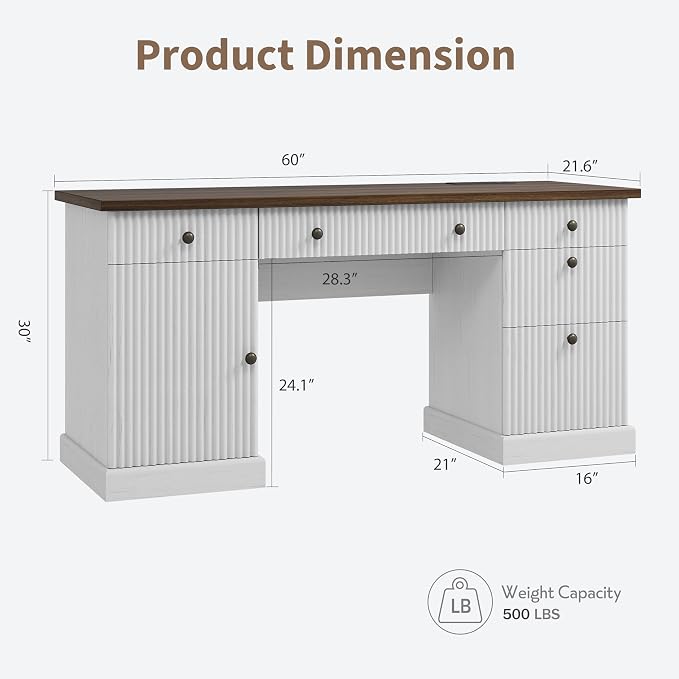 Garvee 60" Office Desk with Storage & Drawers, Fluted Wood Executive Desk with File Drawer & Charging Station, Modern Computer Desk with Adjustable Shelves for Home Office, White