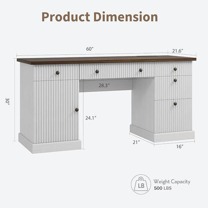 Garvee Fluted Home Office Desk Storage, 60" Modern Executive Desk with Charging Station, Wooden Computer Writing Desk with File Cabinet & Drawers for Study, Living Room, Bedroom-Brown&White