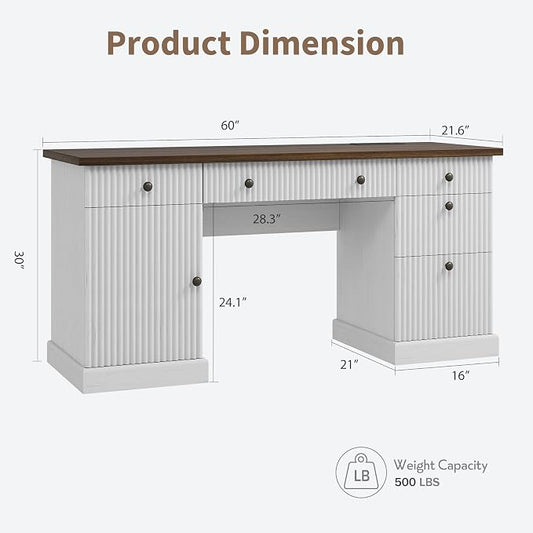 Garvee Fluted Home Office Desk Storage, 60" Modern Executive Desk with Charging Station, Wooden Computer Writing Desk with File Cabinet & Drawers for Study, Living Room, Bedroom-Brown&White