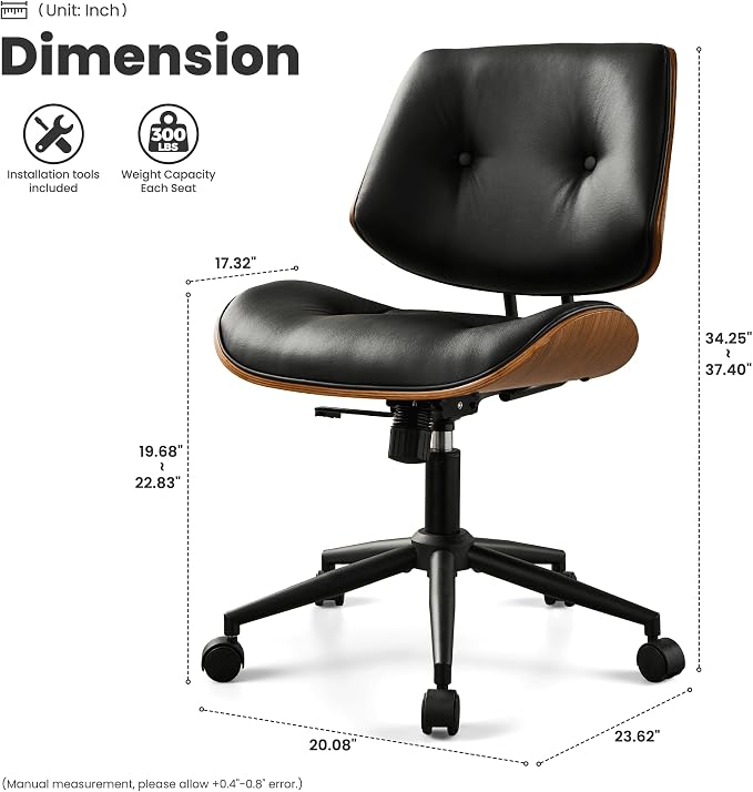 ovios Home Office Chair with Wheels, Modern PU Leather Swivel Computer Desk Chair, Mid Back Adjustable Height Armless Walnut Chairs for Office (Black Button)