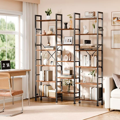 Furologee Triple Column 6 Tier Bookshelf, Large Bookcase with 17 Display Shelves, Wide Book Shelf with 6 Hooks, Adjustable Rustic Bookshelves Storage Organizer, Shelving Unit for Living Room, Office