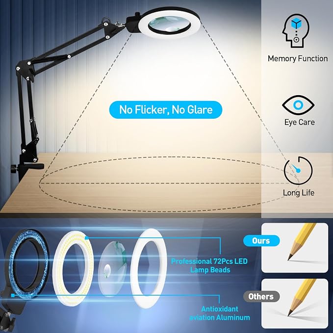 KIRKAS 12X Magnifying Glass with Light and Stand, Any Color Modes & Stepless Brightness LED Magnifying Lamp with Clamp, 2-in-1 Magnifier Glass Lens Desk Lamp for Reading(12X&30X Ring Base & Clamp)