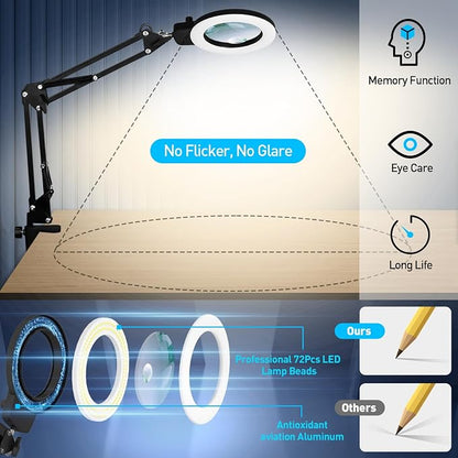 KIRKAS 12X Magnifying Glass with Light and Stand, Any Color Modes & Stepless Brightness LED Magnifying Lamp with Clamp, 2-in-1 Magnifier Glass Lens Desk Lamp for Reading(12X&30X Ring Base & Clamp)