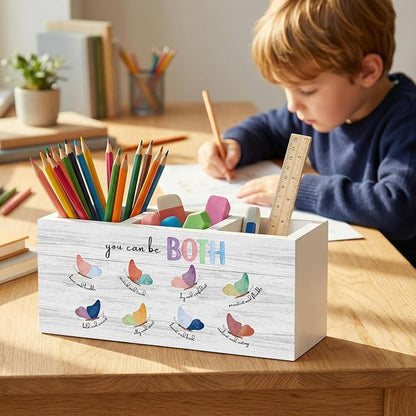 Mental Health Office Therapy Pencil Pen Holder for Desk Organizer, Boho Therapy Office Decor, Motivational You Can Be Both Wooden Box Decorations for Home Classroom Desk Tabletop Decor