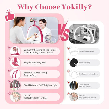 Yokilly Half Moon Light for Nail Desk: 29" Foldable Half Moon Desk Lamp with Phone Holder for Beginner - Arch Nail Tech Light with 3 Color Modes & 10 Brightness for Manicure Salon (Rose Red, Large)
