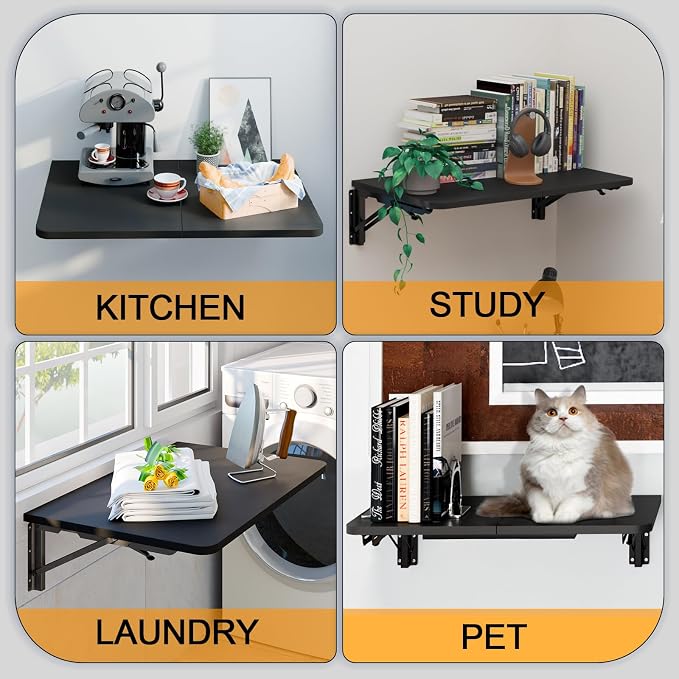 TEAMIX Wall Mounted Folding Table, Black Floating Desk for Small Spaces Laundry Shelf with Heavy Duty Brackets Floating Desk for Garage, Utility Room, Kitchen, Laundry Room