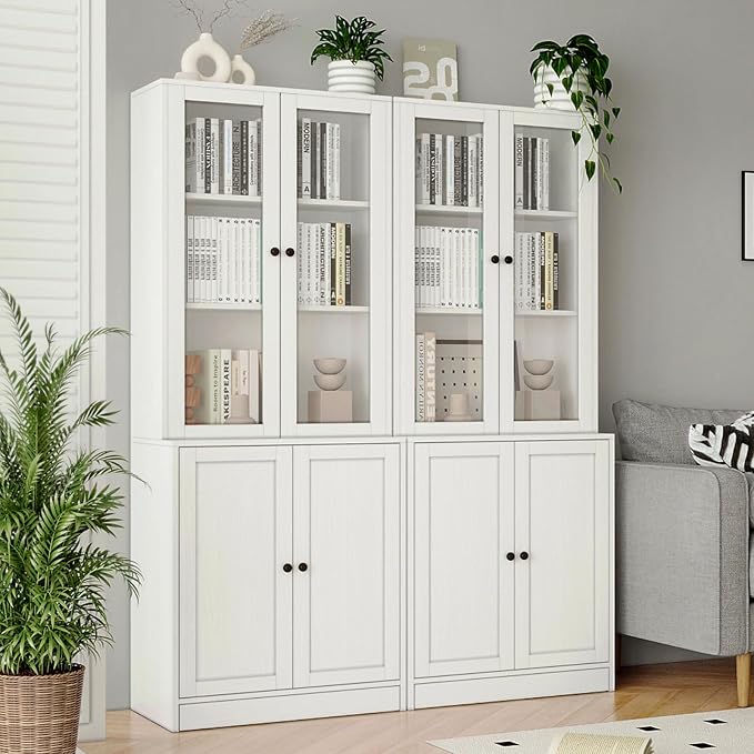 TUSY 71'' Bookshelf with Doors - 5 Tier Freestanding Tall Bookcase, Modern Storage Cabinet for Home Office, Curio Cabinets with Glass Door for Living Room(1, White)