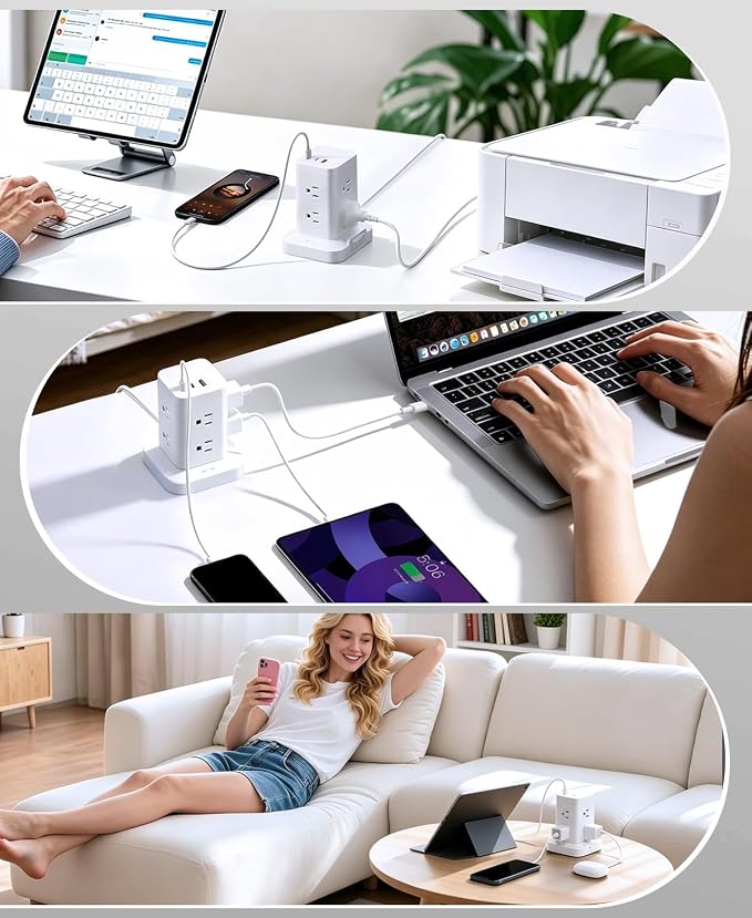 Power Strip Tower with Surge Protector 1800J, Fast Charging Tower PD20W USB-C Ports with 8 AC Outlets, 10ft Extension Cord for Home Office Dorm Room, White