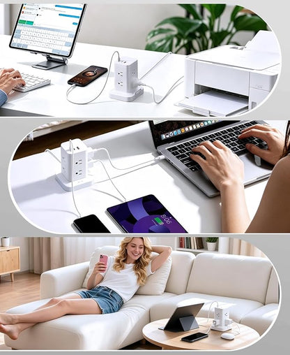 Power Strip Tower with Surge Protector 1800J, Fast Charging Tower PD20W USB-C Ports with 8 AC Outlets, 10ft Extension Cord for Home Office Dorm Room, White