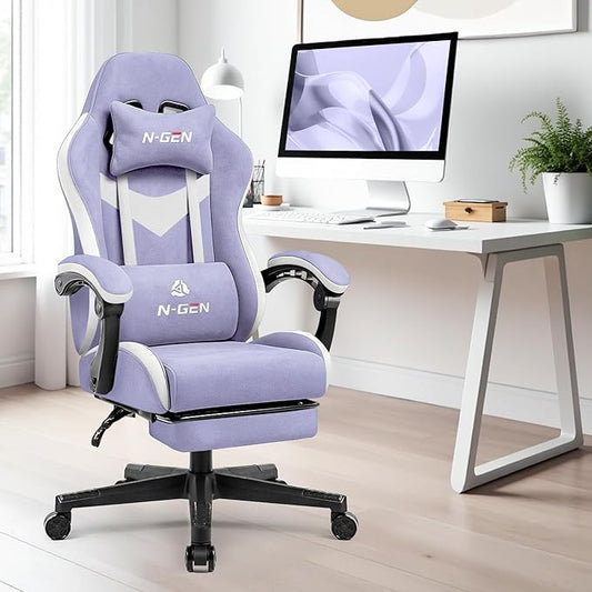 N-GEN GAMING Video Gaming Chair with Footrest Lumbar Support for Home Office High Back Recliner Height Adjustable Ergonomic Comfy Fabric Computer Desk Chair (Purple)