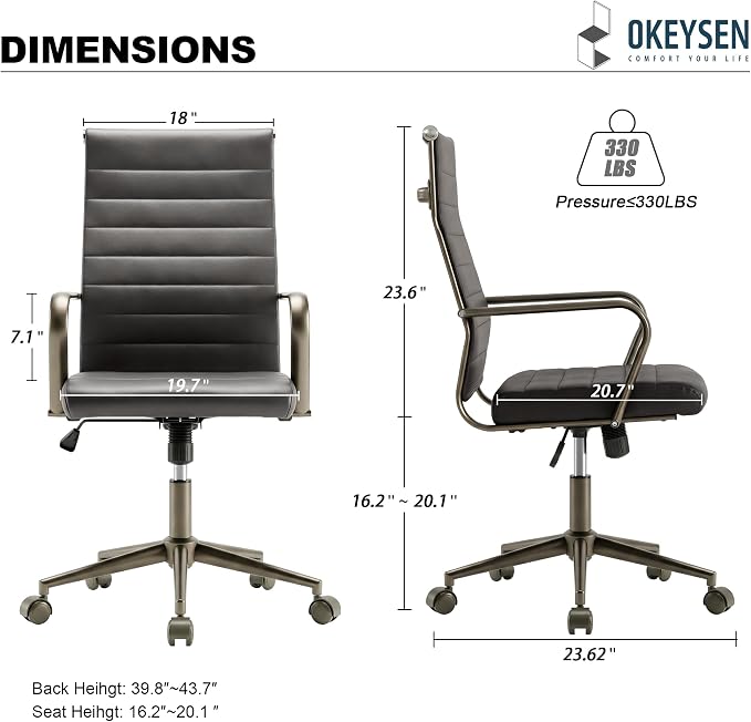 Okeysen Leather Office Desk Chair, Ergonomic Mid Century Modern Conference Room Chairs, Executive Ribbed Height Adjustable Swivel Rolling Chair for Home Office.