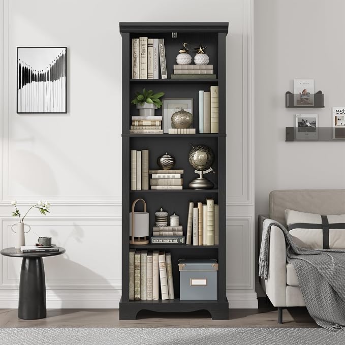 5-Tier Bookshelves and Bookcases, 61.1 inch Tall Bookshelf with Ample Storage Space, Wooden Bookcase, Modern Bookshelf for Study Room, Living Room, Home Office, Bedroom (Black)
