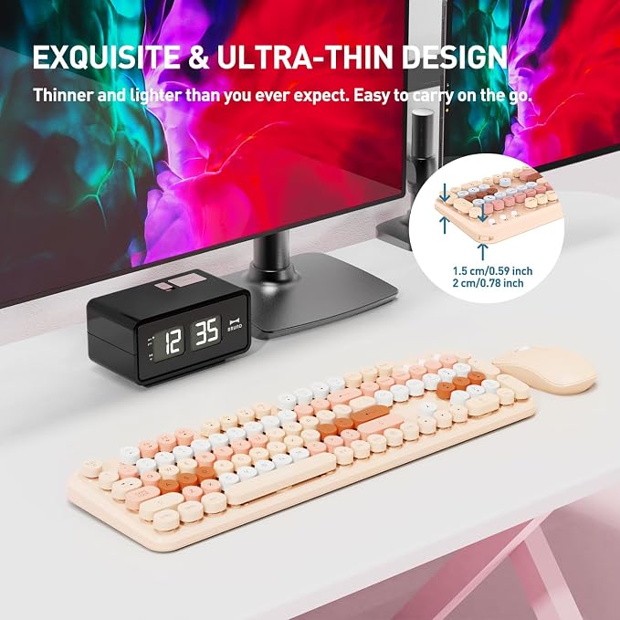 FOPETT Wireless Keyboard and Mouse Combo, 105 Keys Full-Sized 2.4 GHz Round Keycap Colorful Keyboards, USB Receiver Plug and Play, for Windows, Mac, PC, Laptop, Desktop (Milkteacolorful)