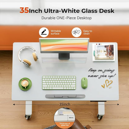 35inch Glass Standing Desk，90° Tiltable Mobile Rising Desk Height Adjustable，Whole Piece Rolling Drafting/DrawingTable with Wheels，Foldable Small Laptop Art Desk，White