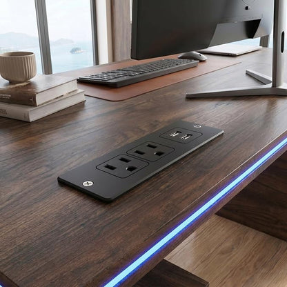 MOUMON 63" Executive Standing Desk with Storage Pedestals and LED Lights, Electric Height Adjustable Desk with Shelves and Built-in Outlets, Walnut and Black 63" W x 27.6" D x 29.4"-46.9" H