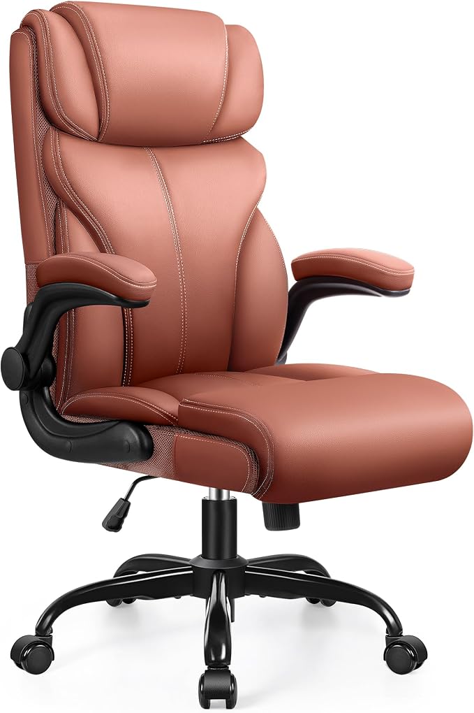 HeroSet Office Chair, Ergonomic Big and Tall Computer Desk Chairs, Executive Breathable Leather Chair with Adjustable Flip-up Armrests, Lumbar Support Swivel PC Chair with Rocking Function,Matte Brown
