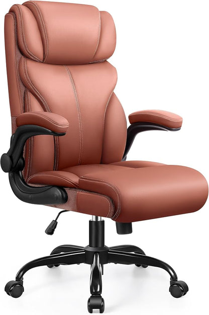 HeroSet Office Chair, Ergonomic Big and Tall Computer Desk Chairs, Executive Breathable Leather Chair with Adjustable Flip-up Armrests, Lumbar Support Swivel PC Chair with Rocking Function,Matte Brown