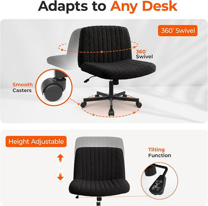 Orange Factory Criss Cross Chair Wheels Vanity Chair Office Desk Comfy Wide Cross Legged Armless Teddy Fabric Adjustable Swivel for Home Computer Task (Black, Teddy Fleece)