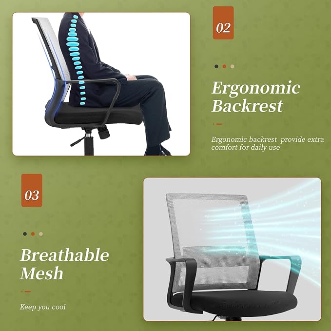 Office Chair Ergonomic Chair Mid Back Mesh Desk Chair Adjustable Height Swivel Mesh Chair Computer Chair with Armrest Lumbar Support (Grey)
