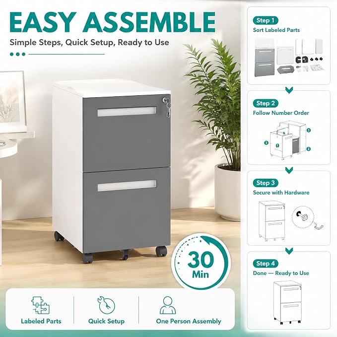 SAWJEC 2 Drawer File Cabinet with Lock, Fully Assembled Filing Cabinet Rolling Printer Stand Under Desk fits Legal/A4/Letter Size, Home Office Storage,18" D x 15" W x 27" H, Grey
