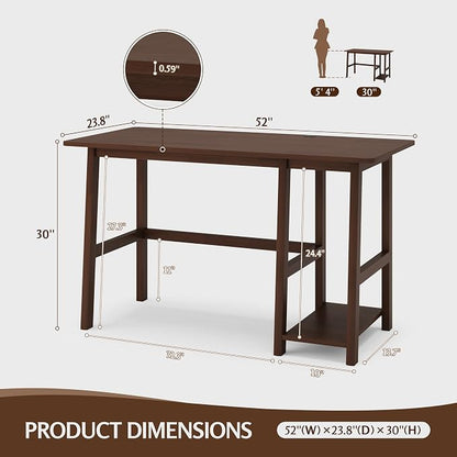 NELYE Solid Wood Computer Desk - 52" W x 24" D Modern Minimalist Table with Shelf，Sturdy Computer Workstation for Home Office, Walnut