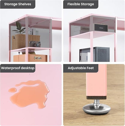 MINOSYS Computer Desk 55-inch with Storage Shelf - Pink Ideal Gaming Desk for Bedrooms, Small Spaces, and Home Offices Modern Writing Desk for PCs.