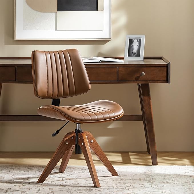 HULALA HOME Faux Leather Home Office Chair with Solid Wood Legs, 360° Swivel Desk Chair No Wheels with Bentwood Design, Mid-Century Modern Wide Seat Computer Task Chair, Camel
