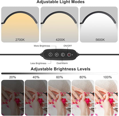 Professional Half Moon LED Desk Light for Nail Techs & Artists – Flexible Gooseneck Lamp with Clamp, 5 Color Modes & 5 Brightness Levels for Manicure, Tattoo, Beauty Work