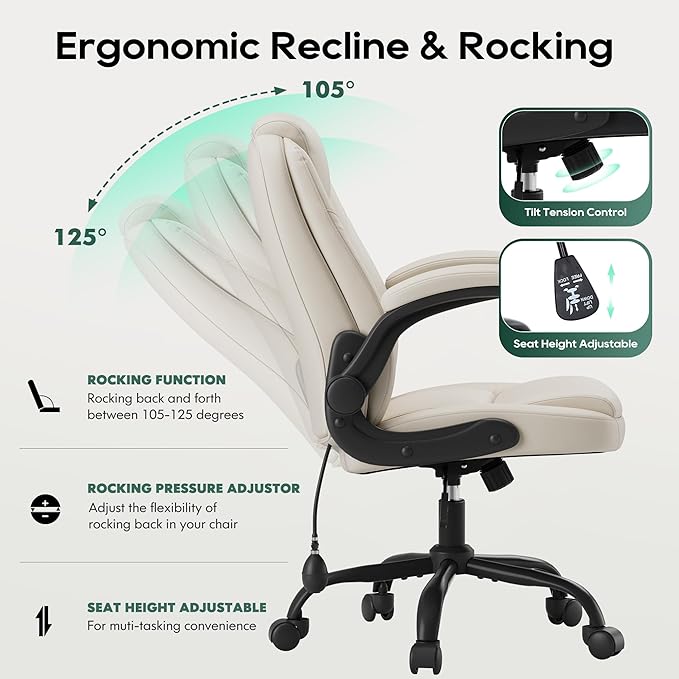 MALOL Leather Office Chair, Computer Desk Chair with Adjustable Lumbar Support, Thick Cushion, Flip-Up Arms and Ergonomic Back, Comfy Executive Office Chair for Home Office Gaming,Beige
