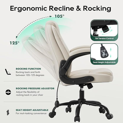 MALOL Leather Office Chair, Computer Desk Chair with Adjustable Lumbar Support, Thick Cushion, Flip-Up Arms and Ergonomic Back, Comfy Executive Office Chair for Home Office Gaming,Beige