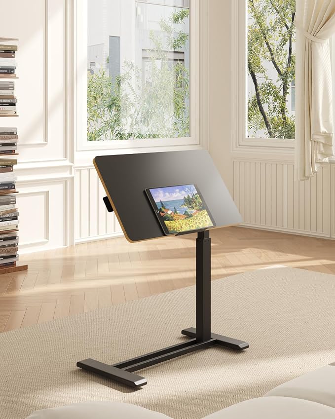 FLEXISPOT H7 PRO Mobile Standing Desk Adjustable Overbed Table Pneumatic with Wheels 90°Tiltable Portable Laptop Desk Rolling Computer Cart Foldable Bedside Table(27.6" W x 15.7" D, Black Maple)